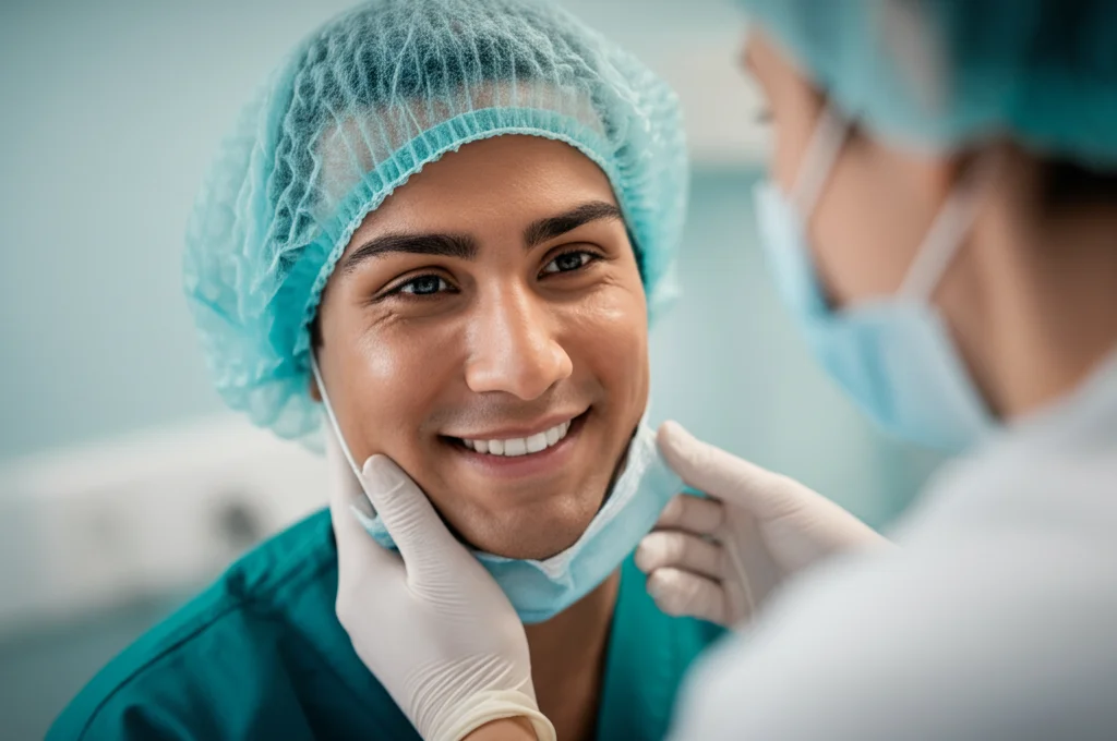 Primo piano del volto sorridente e sicuro di sé di uno studente di infermieristica durante un'esercitazione pratica simulata, mentre indossa camice e guanti. Obiettivo 50mm, messa a fuoco precisa sugli occhi che esprimono concentrazione e soddisfazione, sfondo leggermente sfocato per isolare il soggetto, luce calda e professionale.