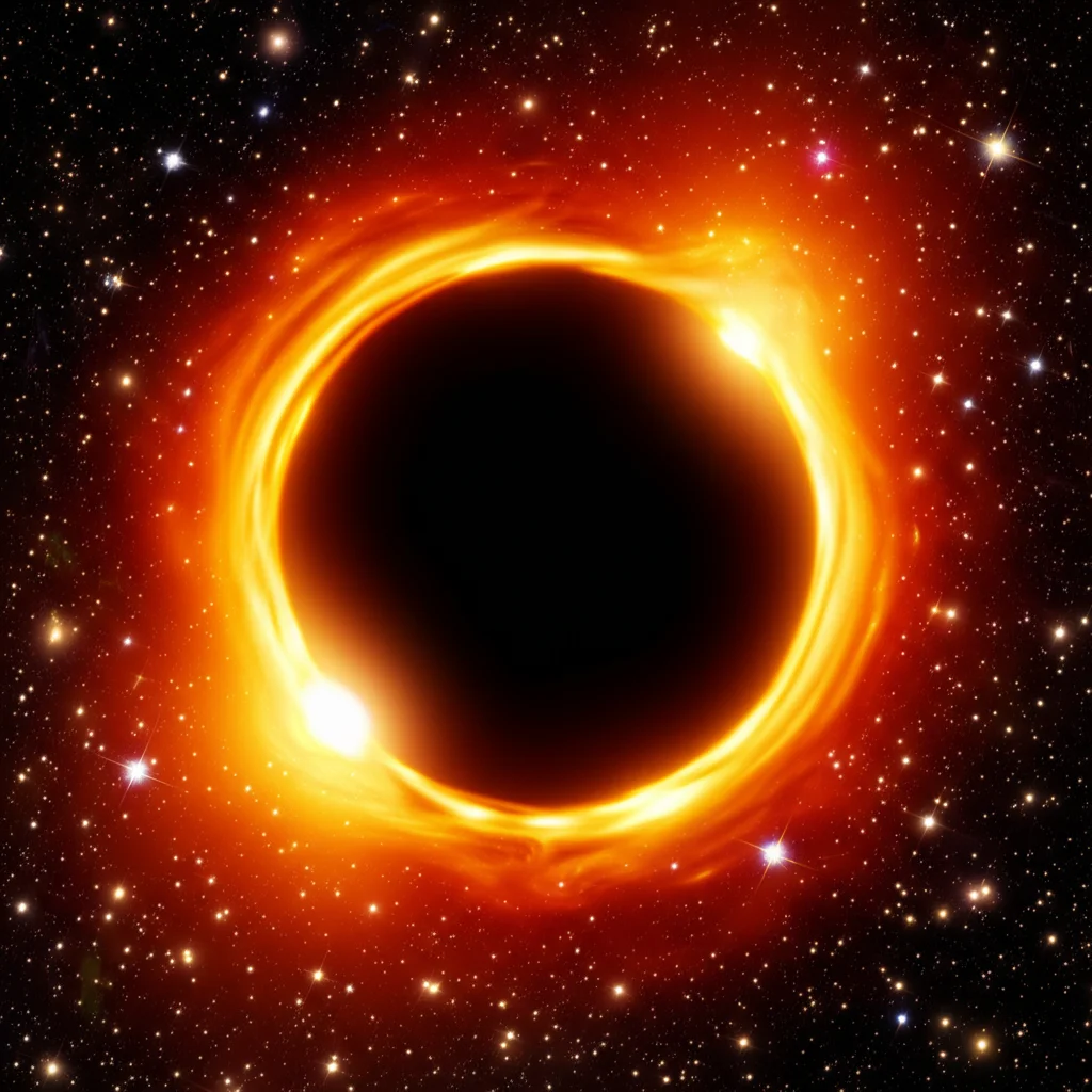 Visualizzazione artistica ma fotorealistica dell'ombra del buco nero M87*, catturata come da un telescopio spaziale avanzato. L'immagine mostra un anello luminoso e asimmetrico di gas caldo e plasma (disco di accrescimento) che circonda una regione centrale perfettamente oscura (l'ombra). La luce dell'anello è visibilmente distorta dalla lente gravitazionale estrema. Dettagli: Lente grandangolare, focale 20mm, lunga esposizione per catturare i dettagli deboli, focus nitido sull'anello, colori vividi del gas caldo (arancione, giallo, rosso).