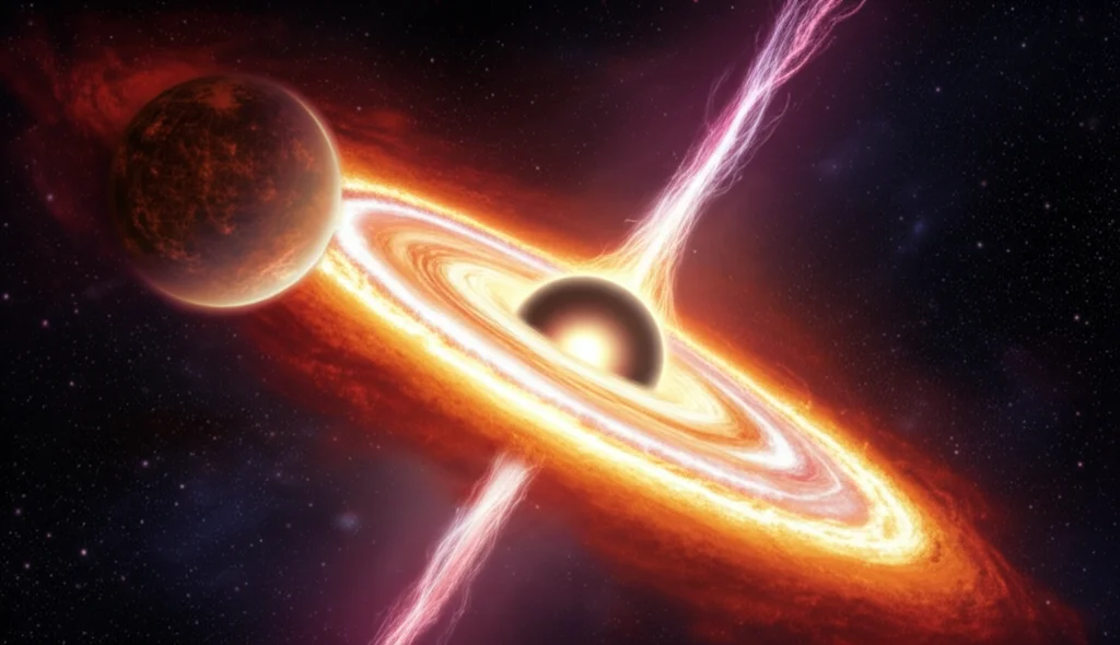 Illustrazione scientifica che mostra un microquasar. Al centro un buco nero stellare invisibile, circondato da un disco di accrescimento luminoso e surriscaldato (colori dal giallo al bianco caldo vicino al buco nero, più rossastri all'esterno). Dalle regioni polari del buco nero partono due potenti getti di particelle relativistiche. La stella compagna, più grande e fredda (rossa/arancione), è visibile a lato, mentre cede materia al disco. Dettagli: Stile illustrativo ma realistico, focus sui dettagli del disco e dei getti, illuminazione drammatica proveniente dal disco, sfondo dello spazio profondo con stelle.