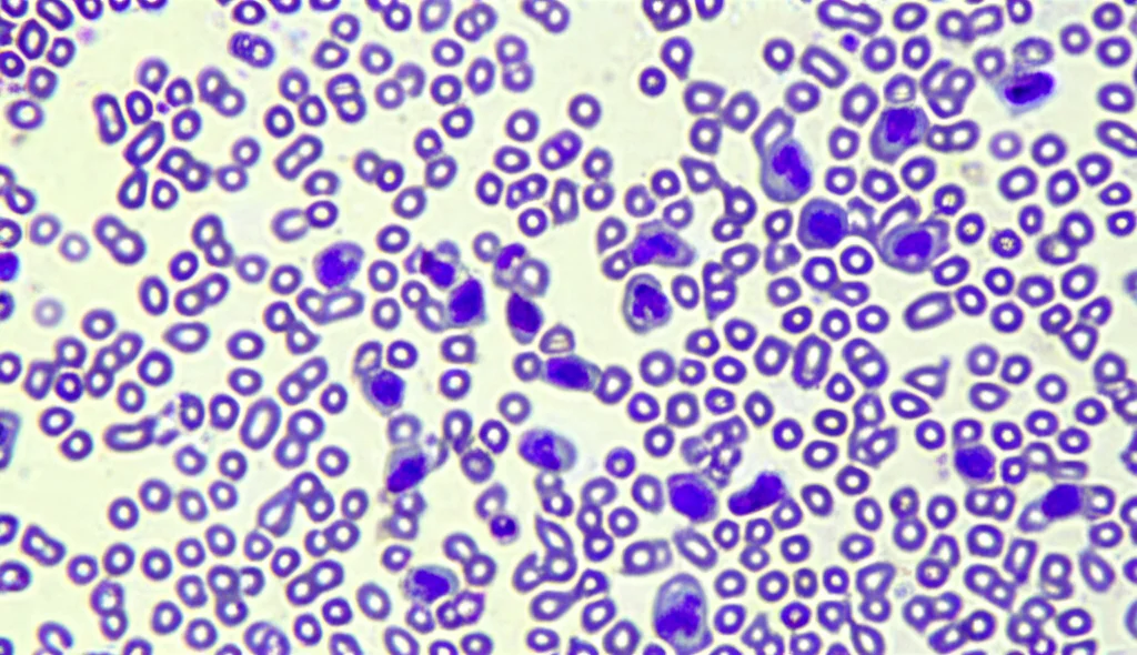 Immagine macro ad alta definizione di cellule di Leucemia Mieloide Acuta (LMA) in coltura, osservate al microscopio. Obiettivo macro 100mm, illuminazione controllata, focus preciso su alcune cellule che mostrano morfologia alterata indicativa di resistenza ai farmaci.