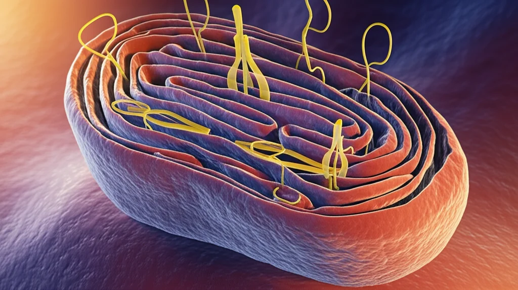 Visualizzazione 3D fotorealistica e dettagliata di un mitocondrio all'interno di una cellula tumorale, obiettivo macro 60mm, alta definizione. Focus preciso sulle creste mitocondriali e sul complesso I della catena di trasporto degli elettroni (OXPHOS). Illuminazione interna suggestiva.