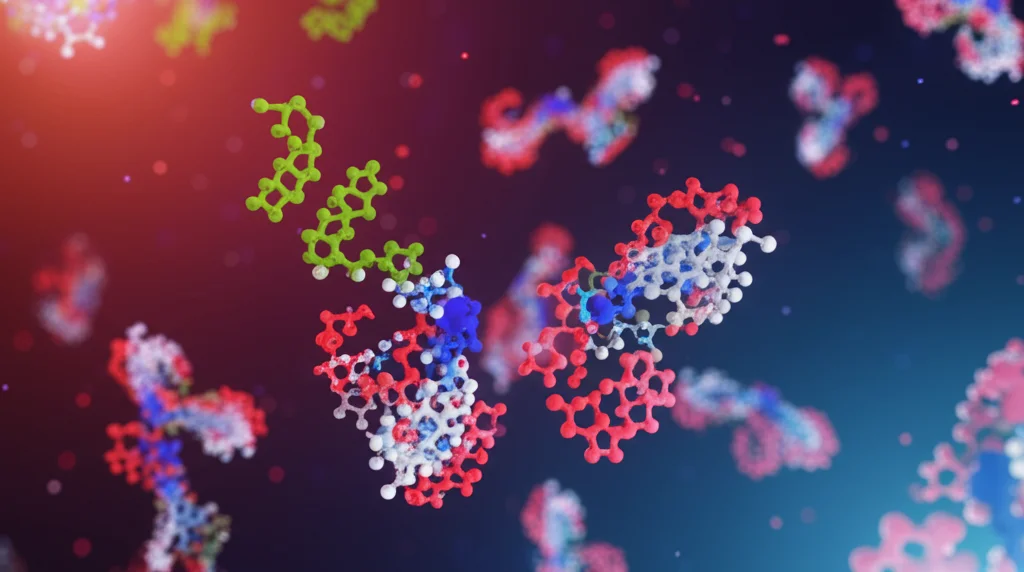 Visualizzazione 3D astratta di molecole di sfingomielina (SM 41:1) che interagiscono all'interno di una membrana cellulare stilizzata, con colori vivaci che ne evidenziano la struttura. Illuminazione da studio controllata, dettagli molecolari elevati, obiettivo macro 60mm.