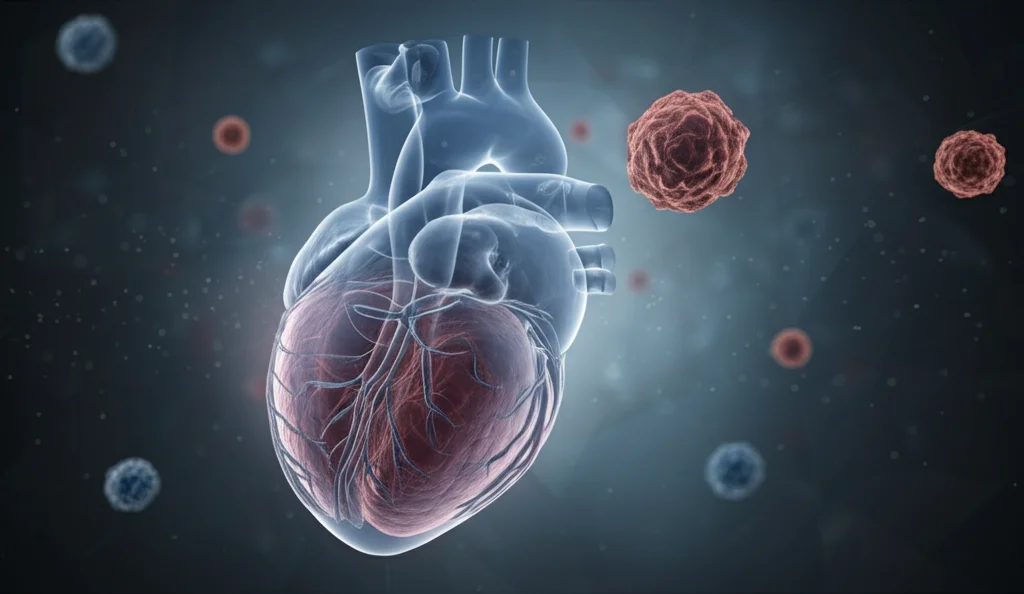 Immagine fotorealistica di un cuore umano anatomico parzialmente trasparente, sovrapposto a un flusso dinamico di molecole colorate che rappresentano il metaboloma sierico. Illuminazione drammatica, profondità di campo, obiettivo prime 35mm, stile film noir con toni blu e grigi.