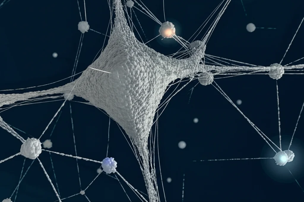 Visualizzazione astratta del concetto di apprendimento attivo applicato a dati molecolari; una rete neurale stilizzata che seleziona punti dati specifici (illuminati) da un grande cluster diffuso di punti dati grigi, obiettivo macro 85mm, illuminazione controllata ad alto dettaglio, sfondo scuro.