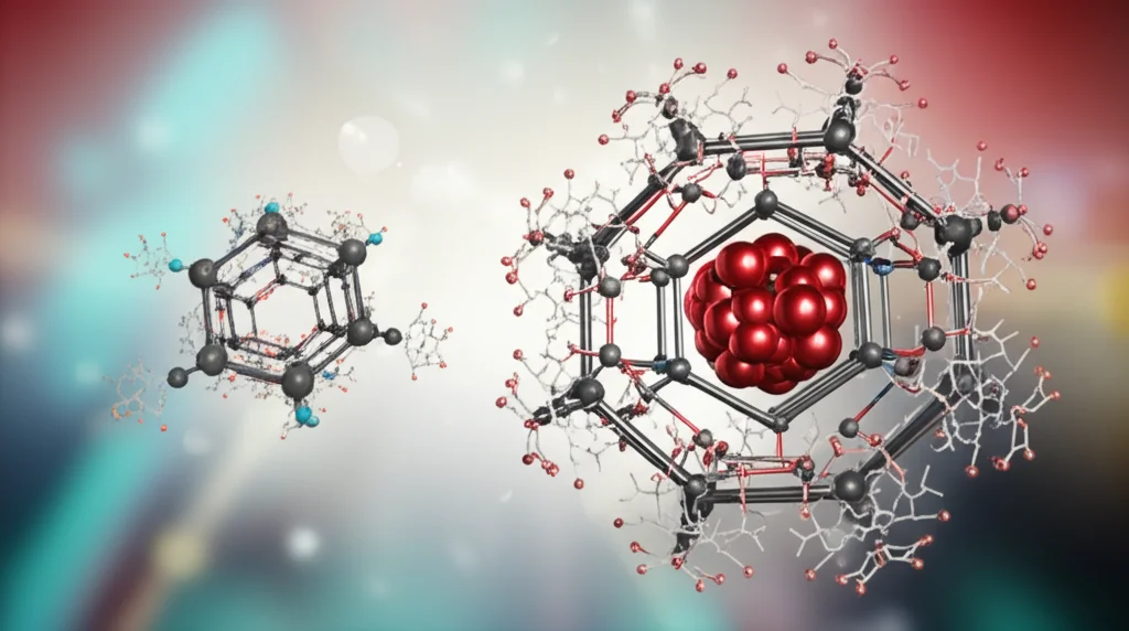 Visualizzazione 3D fotorealistica di una molecola di fullerene C60 con un atomo di ferro incapsulato al centro (Fe@C60), circondata da catene flessibili di polietilenglicole (PEG) attaccate alla sua superficie. Accanto, una molecola di carboplatino. Illuminazione controllata da studio, lente macro 90mm, alta definizione dei dettagli atomici, sfondo scientifico astratto e sfocato, profondità di campo.