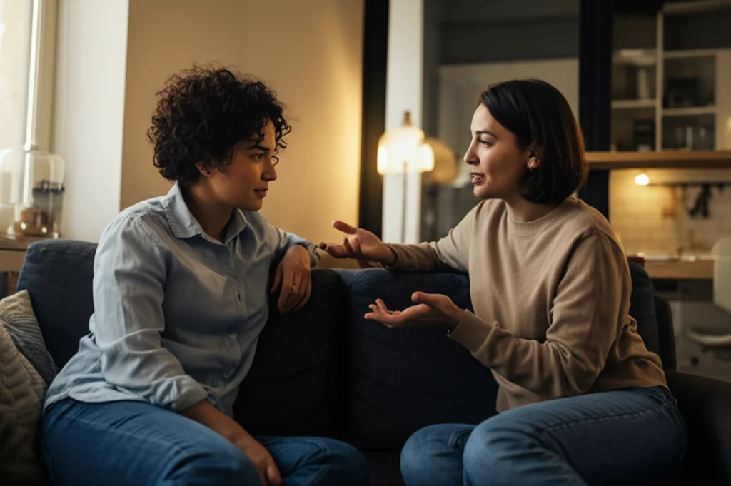 Due donne amiche sedute vicine su un divano in un ambiente domestico accogliente, una ascolta con empatia mentre l'altra parla gesticolando leggermente, luce calda e naturale da una finestra laterale, obiettivo 50mm, colori naturali e vivaci, scena intima di confidenza e supporto.