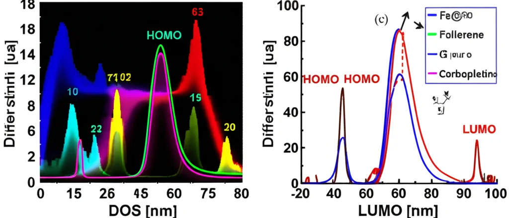 Grafico fotorealistico della densità degli stati elettronici (DOS) che mostra le differenze tra il fullerene Fe@C60:PEG puro e il complesso con carboplatino. Picchi luminosi su sfondo scuro rappresentano gli stati elettronici, con evidenziate le posizioni di HOMO e LUMO. Stile grafico scientifico moderno, alta risoluzione, concetto di modifica delle proprietà elettroniche.