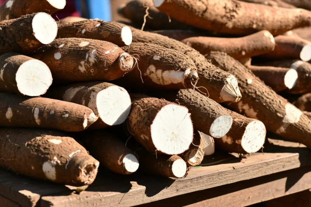 Fotografia macro di radici di manioca fresche, alcune intere altre tagliate mostrando la polpa bianca, impilate su una bancarella di legno in un vivace mercato rurale etiope. Dettagli elevati sulla buccia terrosa e sulla texture della polpa, illuminazione naturale laterale che crea ombre morbide, obiettivo macro 100mm, messa a fuoco precisa.