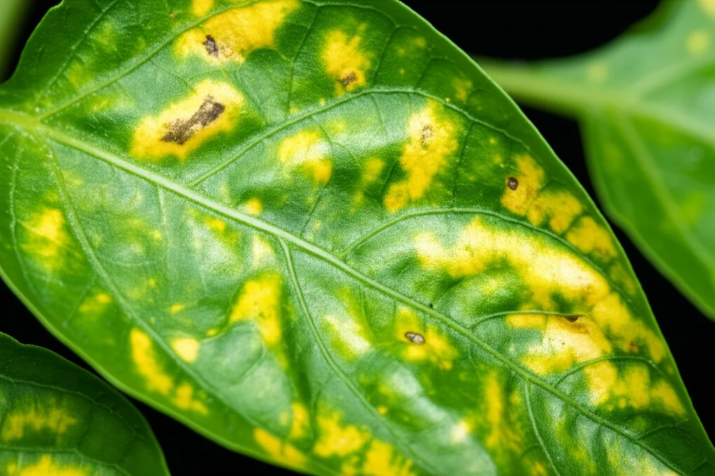 Fotografia macro, obiettivo 90mm, di una foglia di peperoncino verde brillante che mostra evidenti sintomi di mosaico virale con macchie gialle irregolari e leggere arricciature lungo i bordi. Luce laterale controllata per accentuare la texture della foglia malata, messa a fuoco precisa sui dettagli della malattia, alta risoluzione.