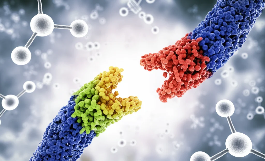 Illustrazione scientifica fotorealistica che mostra due segmenti di genoma virale (RNA) che si incrociano e si scambiano porzioni colorate diverse, simboleggiando la ricombinazione genetica. Sfondo astratto sfocato con elementi molecolari. Illuminazione drammatica per evidenziare l'evento di scambio genetico, alto dettaglio.