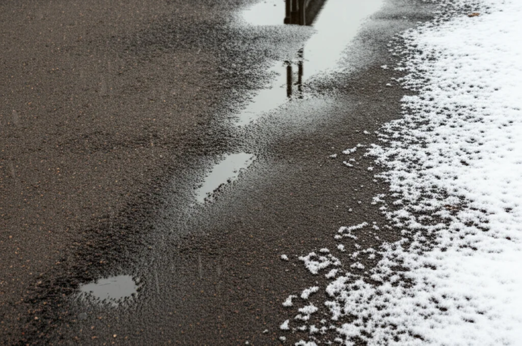 Fotografia macro molto dettagliata di diverse texture di asfalto: una sezione asciutta e ruvida, una bagnata con piccole pozzanghere riflettenti, e una coperta da un sottile strato di neve fresca. Illuminazione controllata per evidenziare le differenze di materiale. Obiettivo macro 100mm, messa a fuoco precisa.