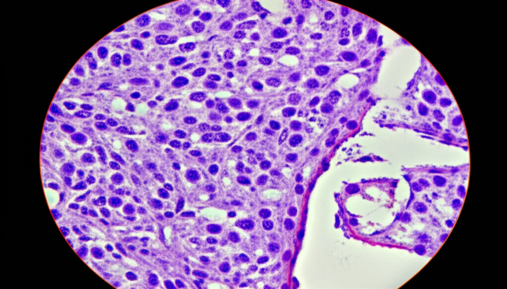 Visualizzazione al microscopio di cellule di carcinoma gastrico AFPGC colorate con immunoistochimica per evidenziare l'espressione di HLA-G. Macro lens, 100mm, high detail, precise focusing, controlled lighting, colori vivaci per distinguere le marcature.
