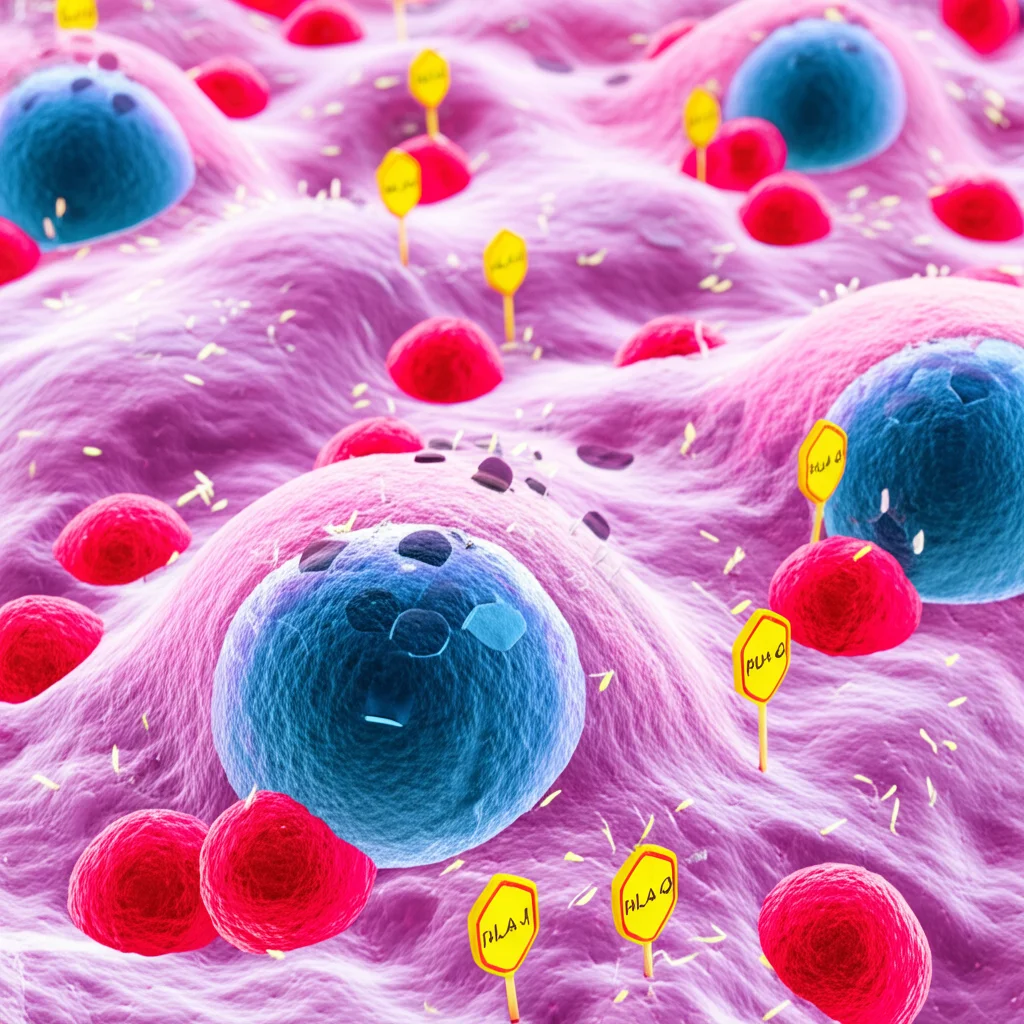 Illustrazione 3D che mostra una cellula T CD8+ (in blu) che cerca di riconoscere una cellula tumorale AFPGC (in rosa). La cellula tumorale mostra poche molecole HLA-I (simboleggiate da fessure vuote) e molte molecole HLA-G (simboleggiate da scudi rossi) e PD-L1 (simboleggiate da segnali di stop gialli), impedendo l'attacco. Prime lens, 35mm, depth of field, duotone blu e rosa.