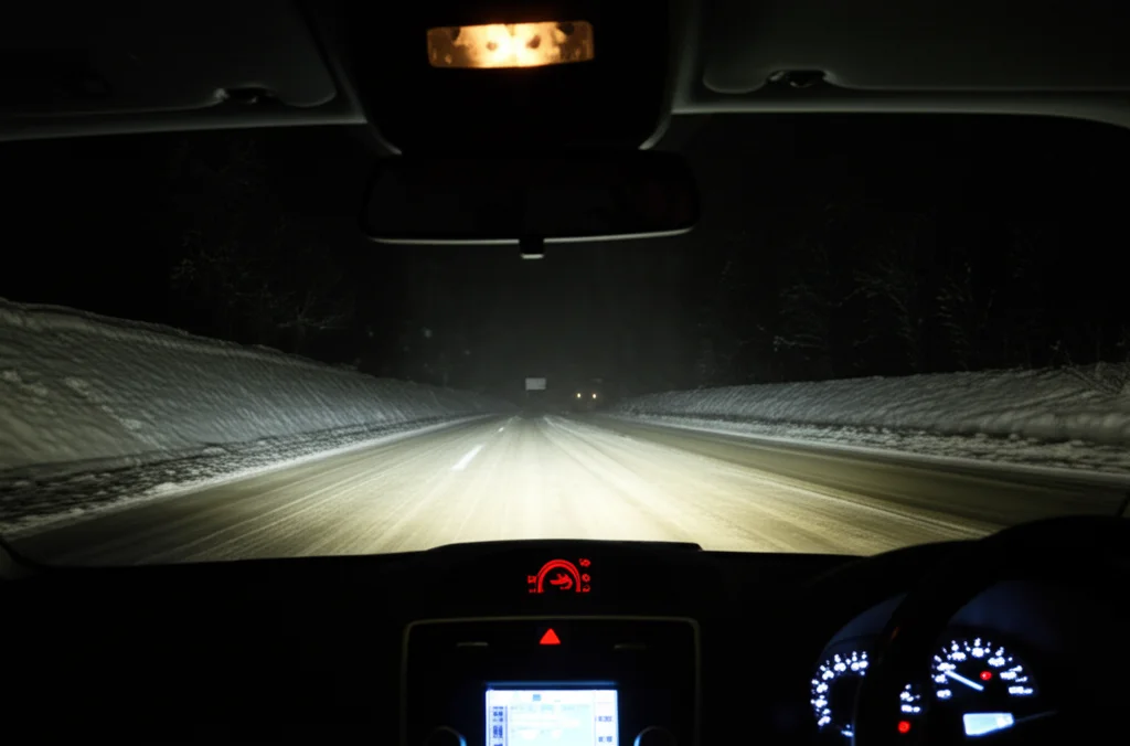 Immagine notturna di un'autostrada senza illuminazione ambientale, vista dal parabrezza di un'auto. I fari illuminano una porzione di asfalto innevato. L'immagine è scura ai lati ma il sistema IQEFD evidenzia correttamente l'area innevata. Obiettivo grandangolare 10mm, lunga esposizione per catturare la luce disponibile.