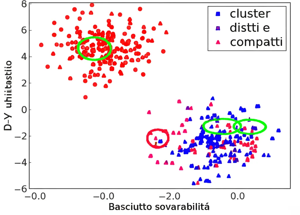 Visualizzazione t-SNE di caratteristiche estratte da immagini di pavimentazione. Tre cluster distinti e compatti rappresentano le classi 'asciutto', 'bagnato' e 'neve', con pochi punti sovrapposti, indicando una buona separabilità. Grafica scientifica colorata.