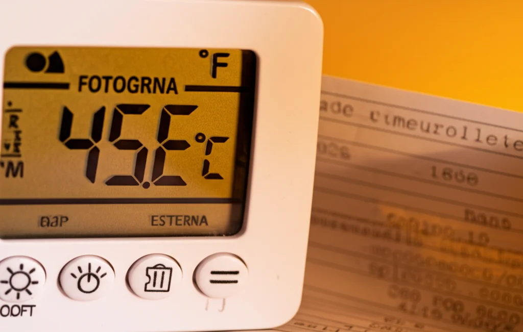 Fotografia macro di un termostato digitale che mostra una temperatura esterna molto alta, 45°C, con accanto una bolletta energetica. Luce controllata, alta definizione, obiettivo macro 80mm, per sottolineare il costo e la sfida del raffrescamento.