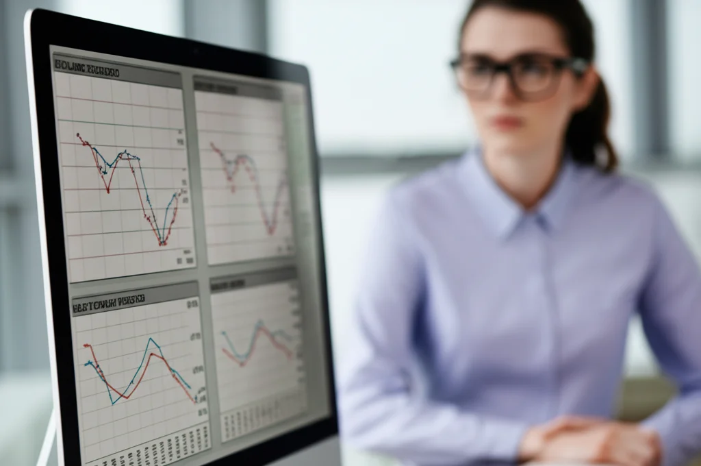 Fotografia stile reportage che mostra due grafici affiancati su uno schermo di computer: uno mostra un calo moderato (6%) e l'altro un calo più marcato (10%) nel consumo energetico. Sullo sfondo, sfocata, una persona che analizza i dati. Obiettivo 35mm, profondità di campo ridotta.