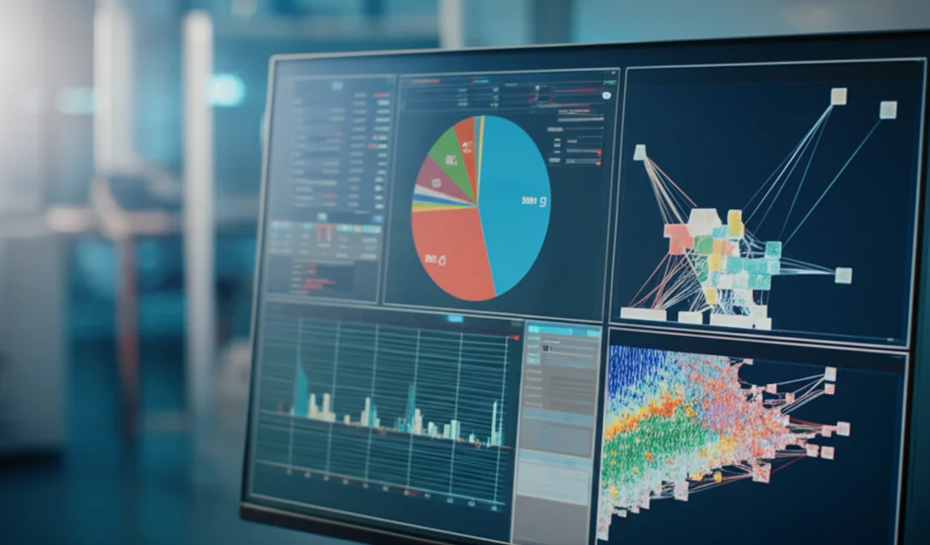 Visualizzazione astratta di dati genomici su uno schermo di computer in un laboratorio moderno. Grafici a cerchio e mappe di interazione Hi-C colorate visibili. Profondità di campo ridotta, messa a fuoco sullo schermo, ambiente di laboratorio leggermente sfocato sullo sfondo.