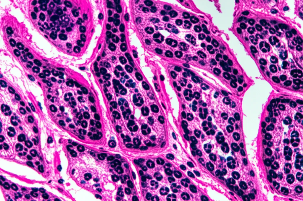 Microscopia ad alta risoluzione di cellule di cancro colon-rettale, evidenziando la struttura cellulare complessa. Macro lens 100mm, high detail, precise focusing, controlled lighting.