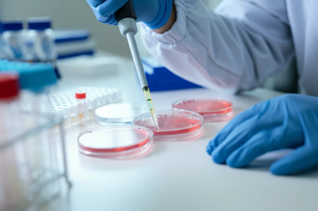 Ricercatore in laboratorio che utilizza una pipetta per trasferire campioni in piastre di coltura cellulare per analisi di cancro colon-rettale. Prime lens 35mm, depth of field, luce da laboratorio controllata.