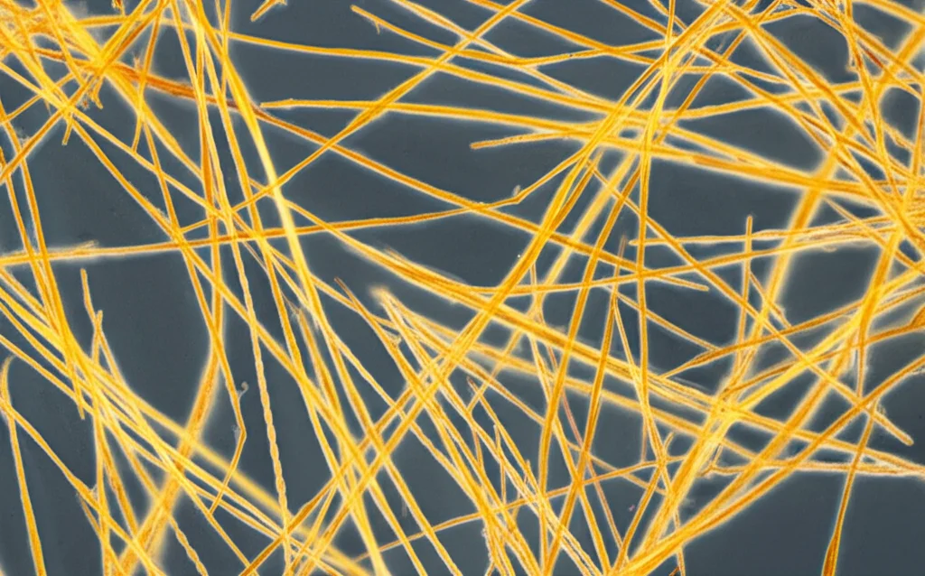 Macro fotografia, obiettivo 85mm, di cellule satellite muscolari di pollo in una piastra Petri che si differenziano in miotubi allungati e multinucleati. Illuminazione controllata da laboratorio, alta definizione, focus preciso sulla morfologia cellulare e sulle strutture simili a fibre.