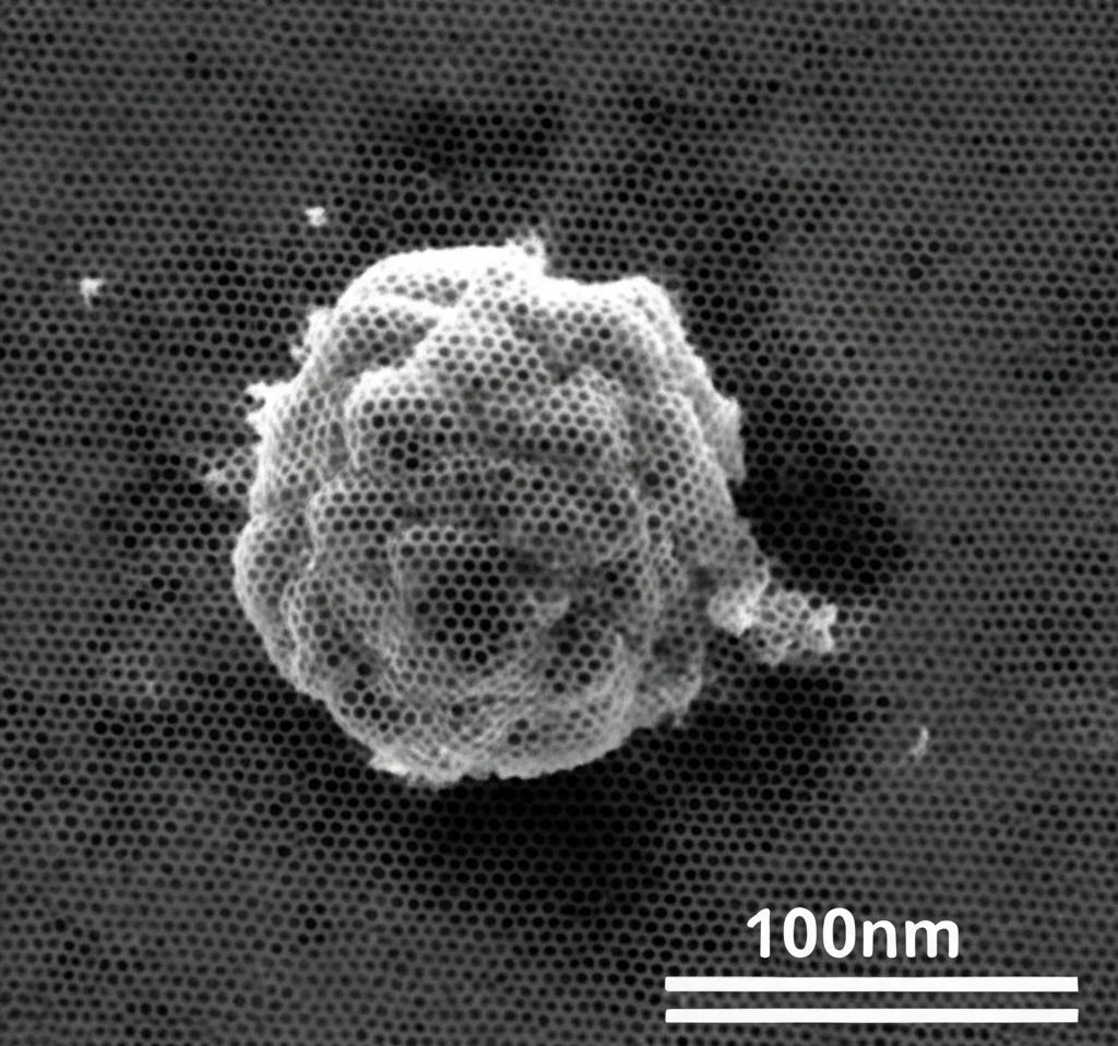 Immagine al microscopio elettronico a trasmissione (TEM) che mostra la struttura stratificata di una nanoparticella ibrida (HNP), evidenziando il nucleo d'argento e i rivestimenti polimerici. Macro lens, 100mm, high detail, precise focusing, controlled lighting.