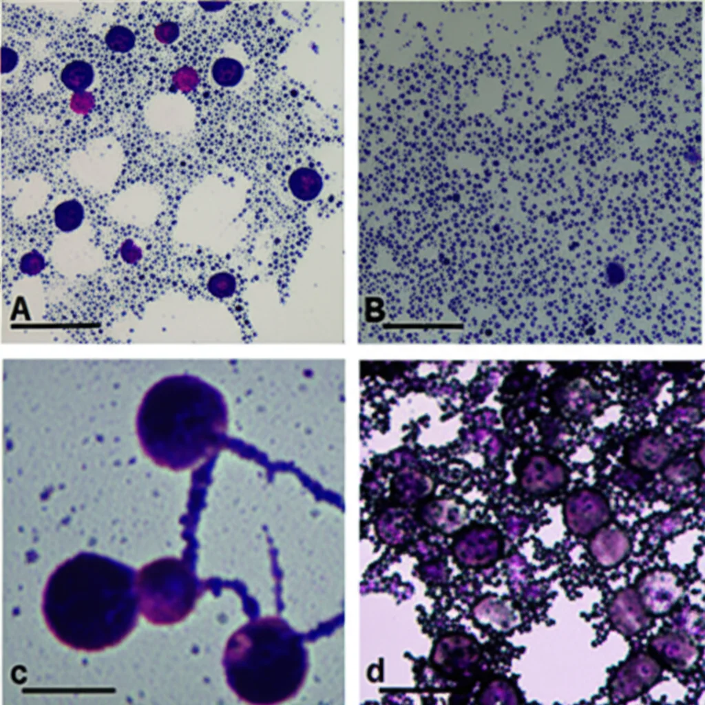 Immagine di microscopia ottica che mostra sferoidi tumorali 3D di cellule TNBC. Alcuni sferoidi sono intatti (controllo), mentre altri, trattati con alte dosi di HNP, appaiono disintegrati o ridotti di dimensione. Macro lens, 60mm, high detail, controlled lighting.