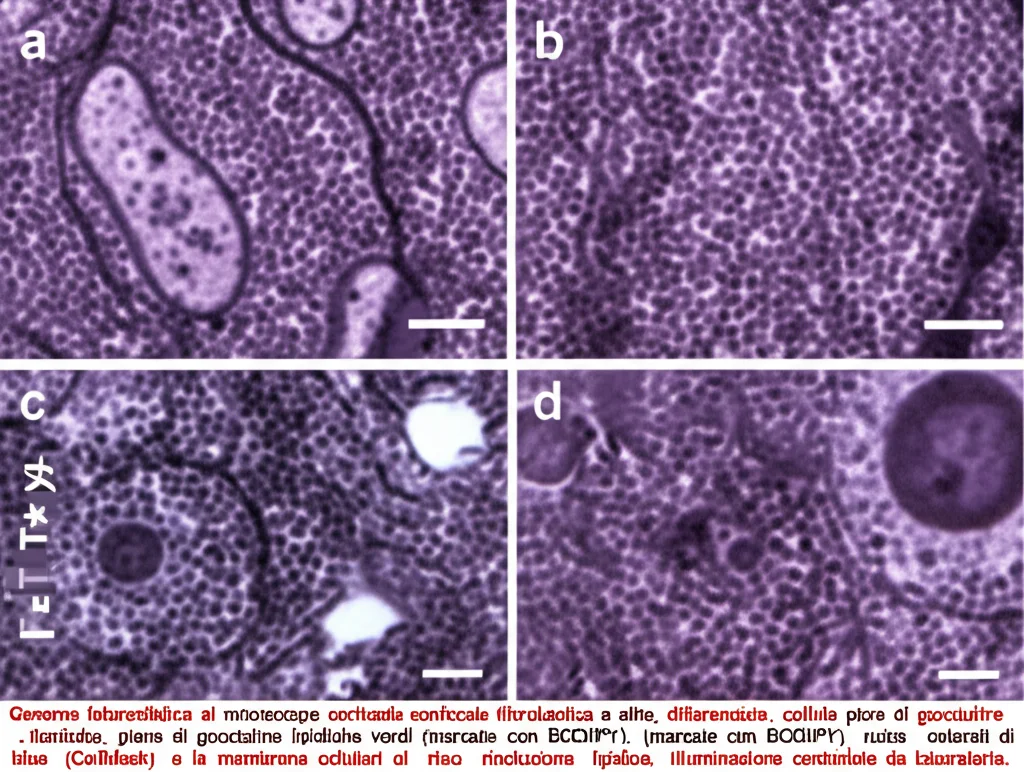 Immagine fotorealistica al microscopio confocale di cellule FaTTy di suino in coltura 2D. Si vedono chiaramente cellule con morfologia fibroblastica e altre, differenziate, piene di goccioline lipidiche verdi brillanti (marcate con BODIPY). I nuclei sono colorati di blu (Hoechst) e le membrane cellulari di rosso (CellMask). Lente macro 100mm, alta risoluzione, focus preciso sulle goccioline lipidiche, illuminazione controllata da laboratorio.