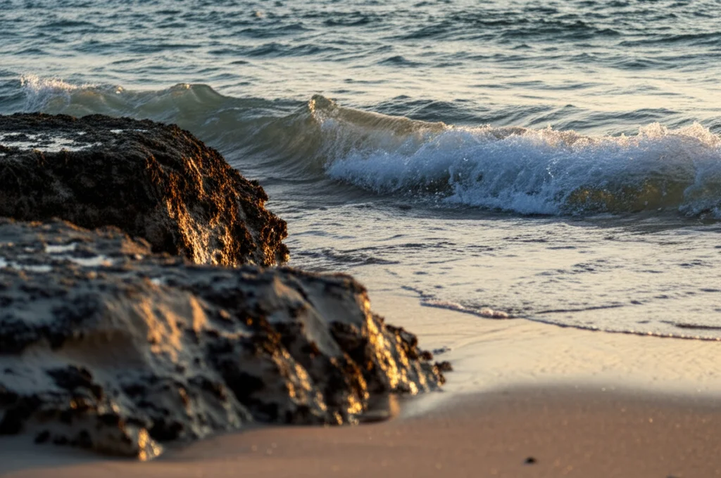 Fotografia macro di una costa erosa dall'acqua, con onde che si infrangono dolcemente sulla sabbia e sulle rocce. Luce del tardo pomeriggio, alta definizione, obiettivo macro 90mm, messa a fuoco precisa sui dettagli dell'erosione.