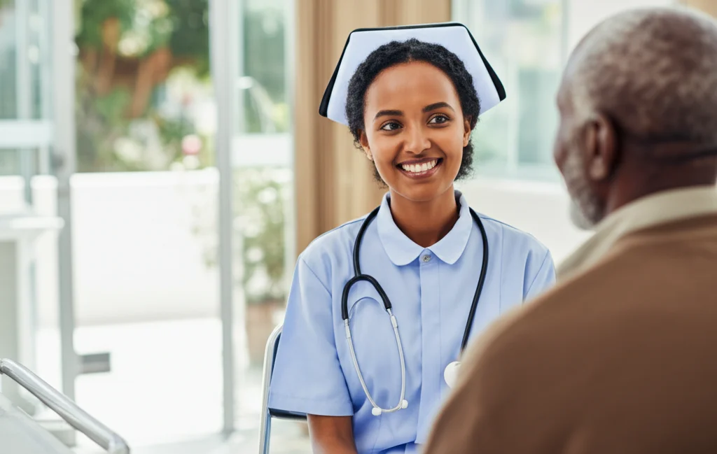 Ritratto fotografico a colori di un'infermiera etiope sorridente che parla con un paziente anziano in una clinica luminosa, obiettivo 35mm, profondità di campo ridotta per mettere a fuoco l'interazione, luce naturale.