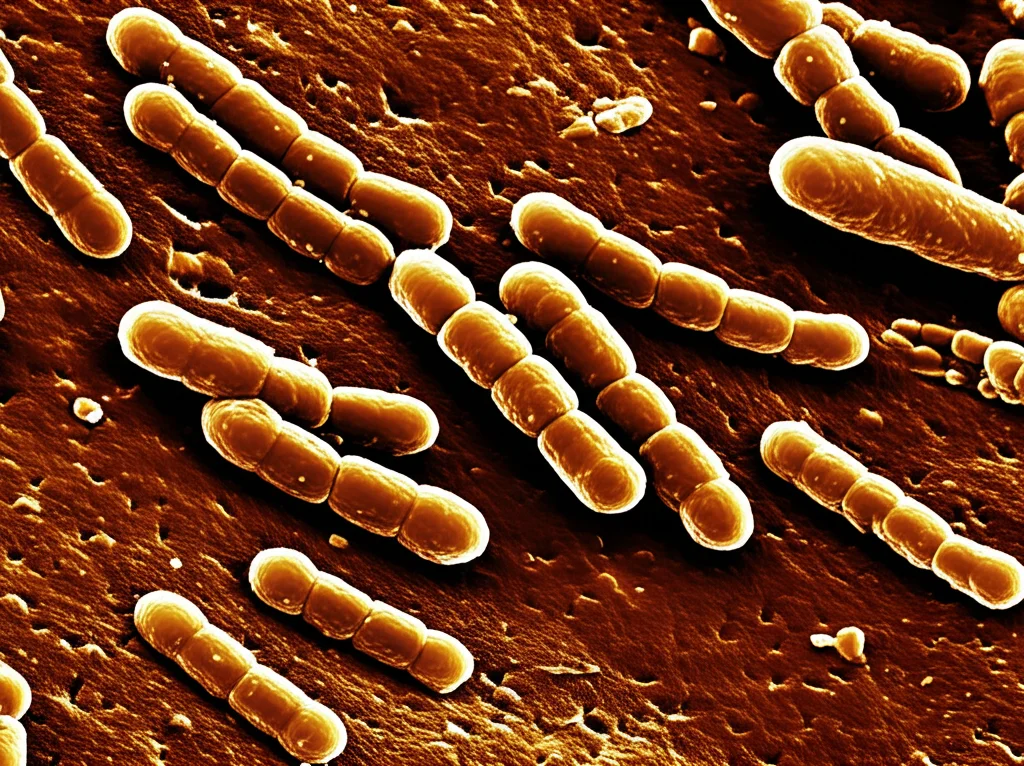 Micrografia elettronica ad alta risoluzione di batteri Staphylococcus aureus su una superficie, obiettivo macro 105mm, illuminazione da laboratorio controllata, dettagli elevati.