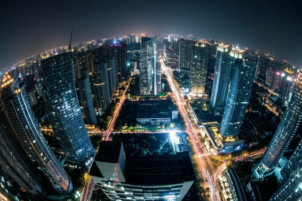 Veduta aerea notturna di una metropoli cinese in espansione, luci brillanti delineano strade e grattacieli. Wide-angle lens, 15mm, long exposure per catturare le scie luminose del traffico, sharp focus, simboleggiando l'indicatore NTL (Nighttime Light) dell'urbanizzazione.
