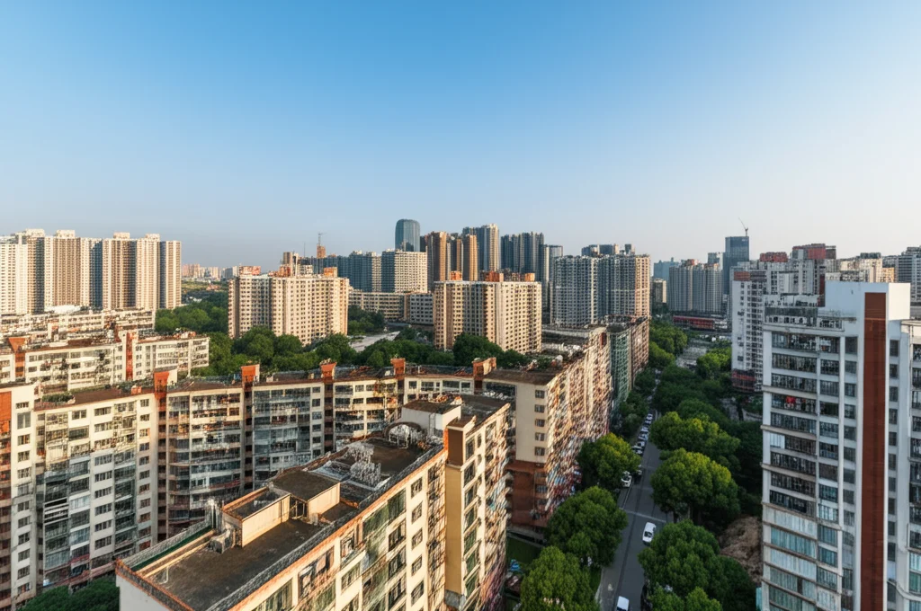 Contrasto tra un quartiere moderno e pianificato con spazi verdi e un'area densamente popolata con meno infrastrutture in una città cinese. Prime lens, 35mm, depth of field per mettere a fuoco il contrasto, luce naturale pomeridiana, rappresentando le diverse facce dell'urbanizzazione e le sfide regionali.