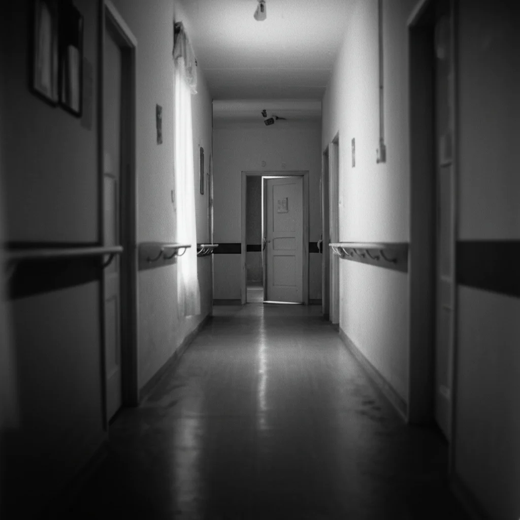Fotografia realistica di un corridoio vuoto e silenzioso in una casa di cura, luce soffusa che entra da una finestra laterale. Utilizzare un obiettivo prime da 35mm, effetto bianco e nero film, profondità di campo ridotta per focalizzare su una porta socchiusa in lontananza, evocando un senso di transizione e solitudine.
