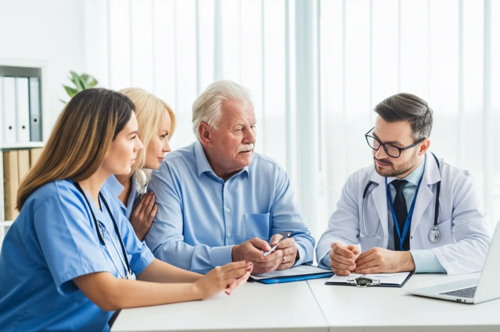 Immagine fotorealistica di un incontro collaborativo in un ambiente sanitario luminoso. Un medico, un'infermiera e un familiare attento siedono attorno a un tavolo con un paziente anziano, guardando insieme dei documenti o un tablet. Usare un obiettivo zoom 24-70mm, luce naturale morbida, focus sull'interazione e l'ascolto reciproco.
