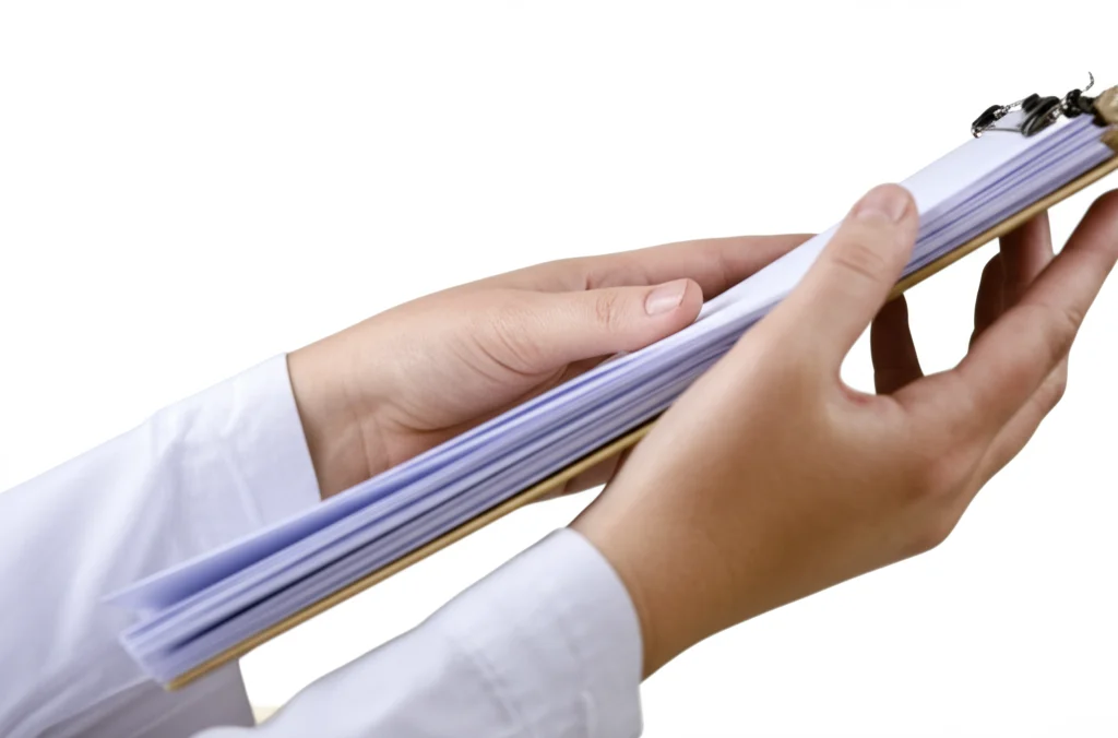 Fotografia macro ad alto dettaglio di mani che si scambiano con cura una cartella clinica o un fascicolo. Utilizzare un obiettivo macro da 90mm, illuminazione controllata per evidenziare la texture della carta e delle mani, simboleggiando il passaggio di informazioni cruciali e la responsabilità della cura.