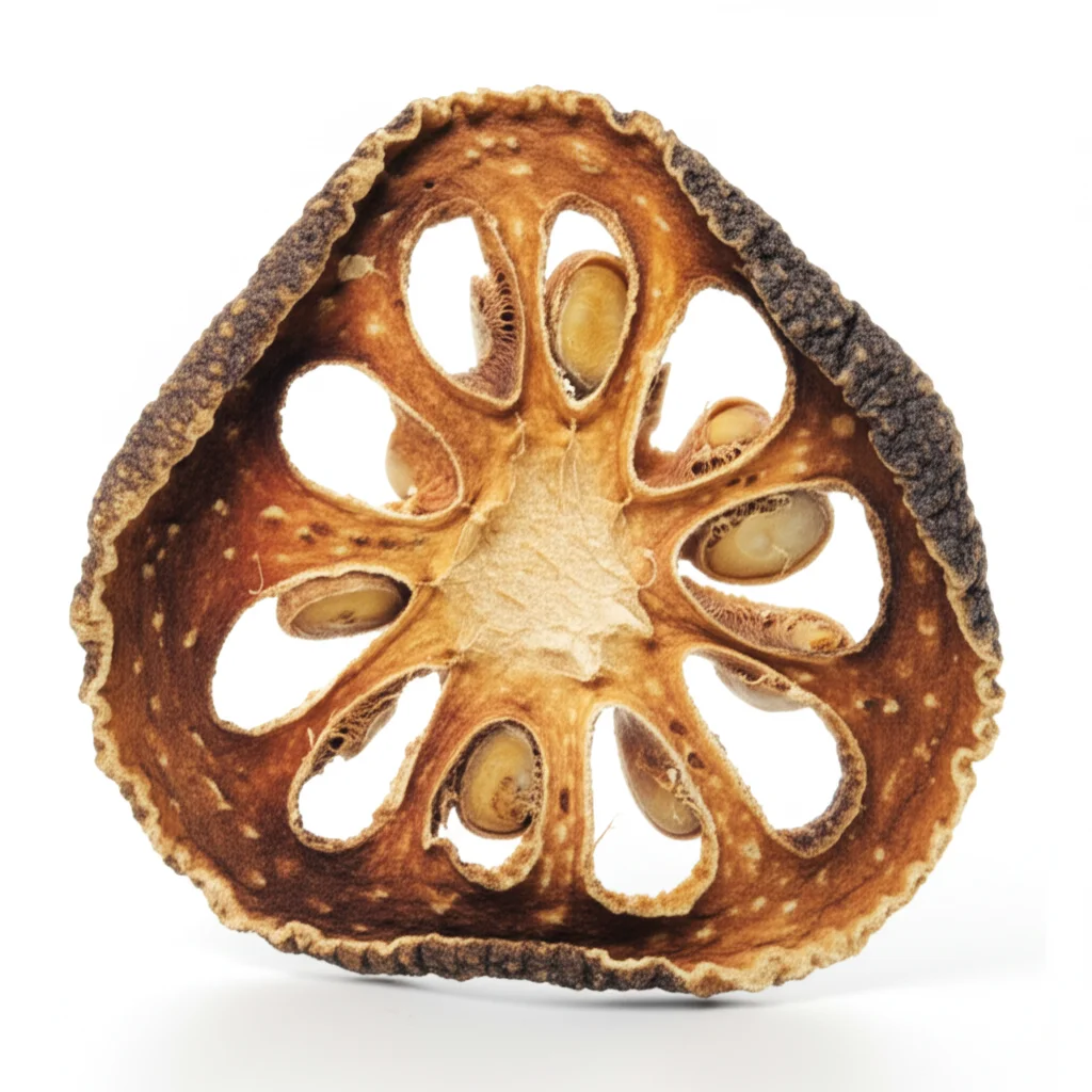 Fotografia macro di una fetta essiccata di Citri Grandis Exocarpium invecchiato 5 anni, obiettivo macro 100mm, alta definizione, illuminazione controllata che evidenzia la texture scura e fibrosa della buccia e le differenze di colore tra il bordo esterno quasi nero e l'interno marrone chiaro.