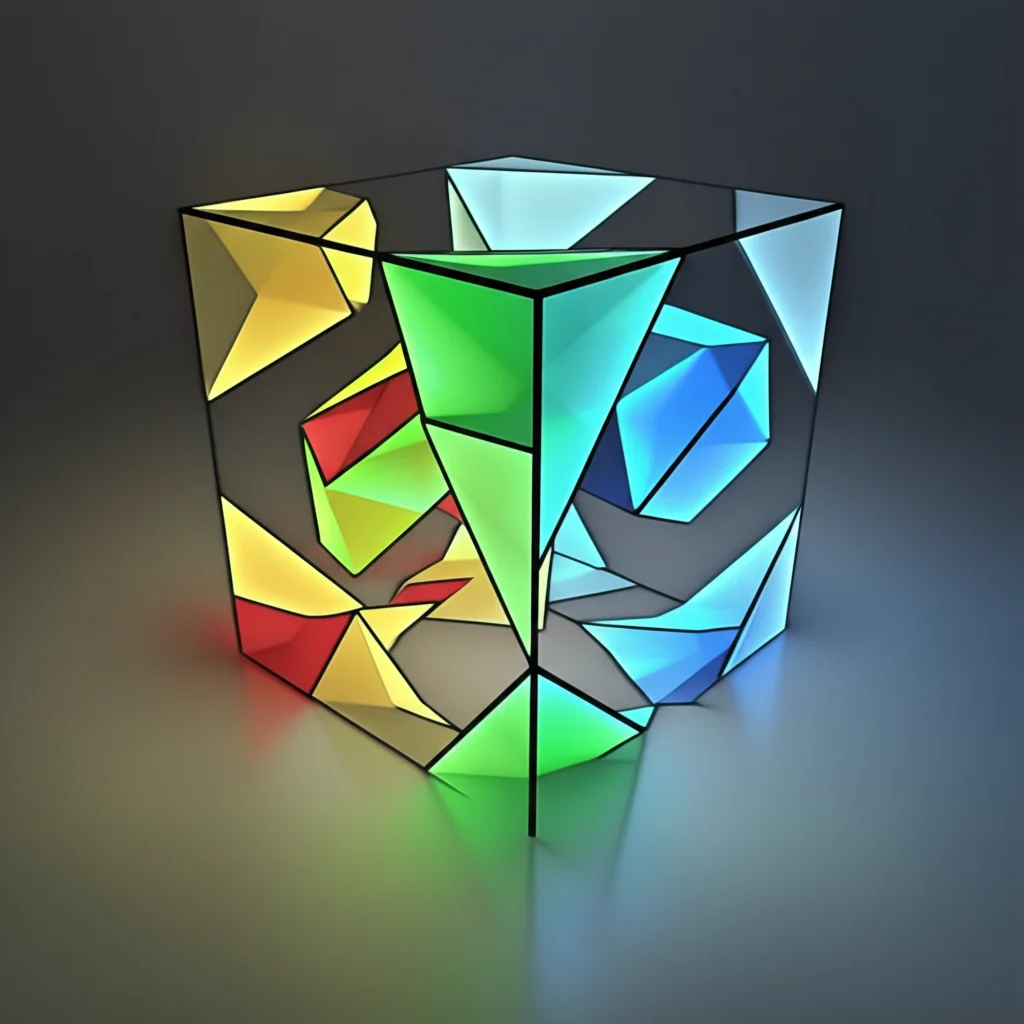 Illustrazione astratta 3D che mostra il concetto di regolarità della magnetizzazione. Un cubo che rappresenta lo spazio delle possibili magnetizzazioni [-1,1]^N, con alcune regioni interne (politopi aperti, come tetraedri per N=3) evidenziate in colore brillante per indicare l'insieme regolare R_N, mentre i bordi e alcuni iperpiani interni sono opachi per indicare l'insieme irregolare. Stile fotorealistico, illuminazione da studio controllata, high detail, prime lens 35mm.