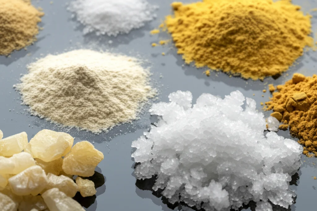 Immagine still life di vari flavonoidi in polvere o cristalli (come naringina, naringenina, quercetina) su una superficie di laboratorio pulita, obiettivo macro 80mm, messa a fuoco precisa, illuminazione laterale morbida che ne esalta i colori giallastri e bianchi e le texture cristalline.