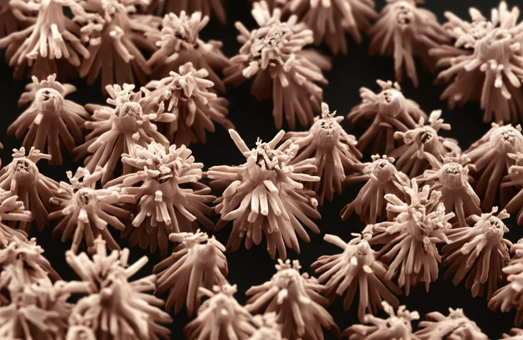 Macro fotografia ad altissima definizione di nanofiori di ossido di stagno tridimensionali, simili a crisantemi microscopici, con una leggera lucentezza metallica. Obiettivo macro 100mm, illuminazione da studio controllata per esaltare la texture porosa e i dettagli dei 'petali' nanometrici, sfondo scuro sfocato.