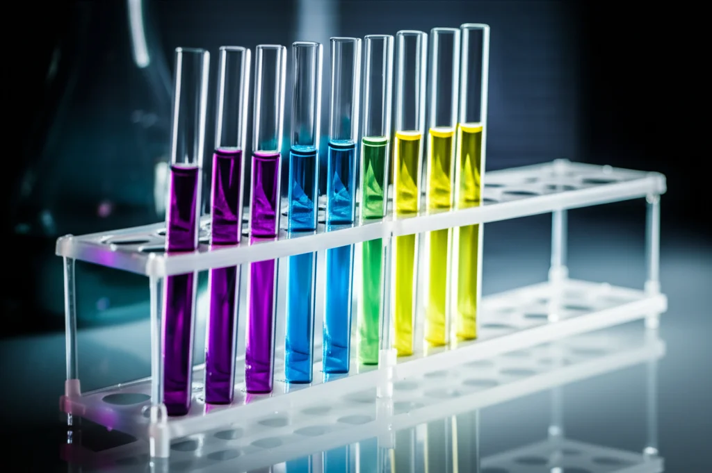 Fotografia still life di provette contenenti liquidi colorati (viola intenso per DPPH, blu/verde per ABTS, giallo/marrone per FRAP) in un rack da laboratorio, obiettivo macro 60mm, alta definizione, luce brillante che mostra la diversa intensità del colore indicativa dell'attività antiossidante dei campioni di CGE.