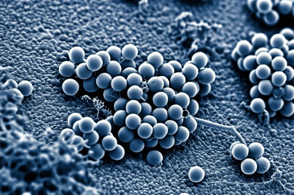 Immagine concettuale astratta che mostra ioni di cadmio stilizzati (sfere lucide grigio-blu) attratti e legati alla superficie irregolare e porosa di un nanofiore di ossido di stagno ingrandito. Effetto duotone blu/grigio, profondità di campo ridotta per focalizzare l'interazione ione-superficie, obiettivo 35mm.