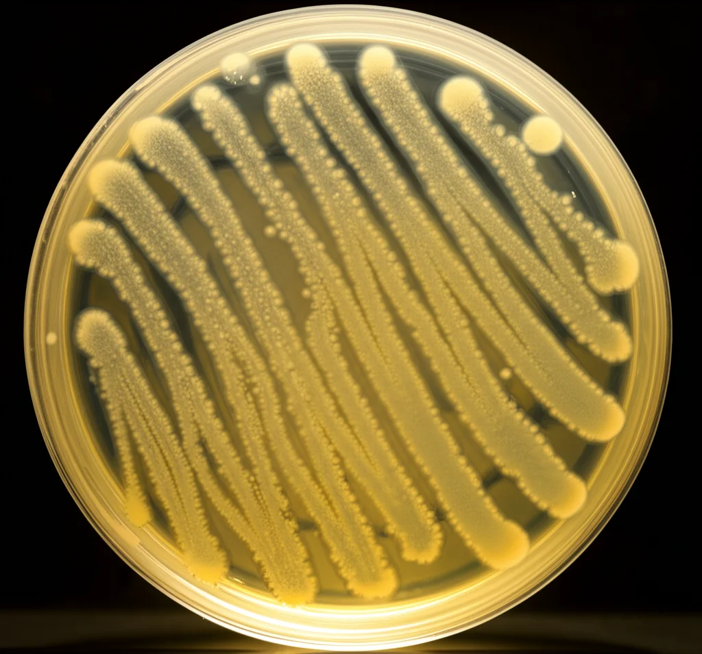 Fotografia macro di colonie batteriche del genere Bacillus su una piastra di Petri in laboratorio, illuminazione controllata, obiettivo macro 100mm, alta definizione dei dettagli delle colonie, messa a fuoco precisa.