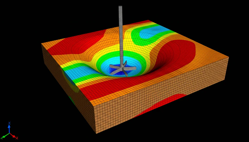 Visualizzazione 3D di una simulazione FELA di un'ancora circolare nel terreno. La mesh adattiva è chiaramente visibile, più fitta vicino all'ancora e lungo le superfici di rottura curve che si propagano verso l'alto. Colori diversi indicano i livelli di stress o deformazione nel terreno. Wide-angle lens, 10-24mm, sharp focus, high detail.