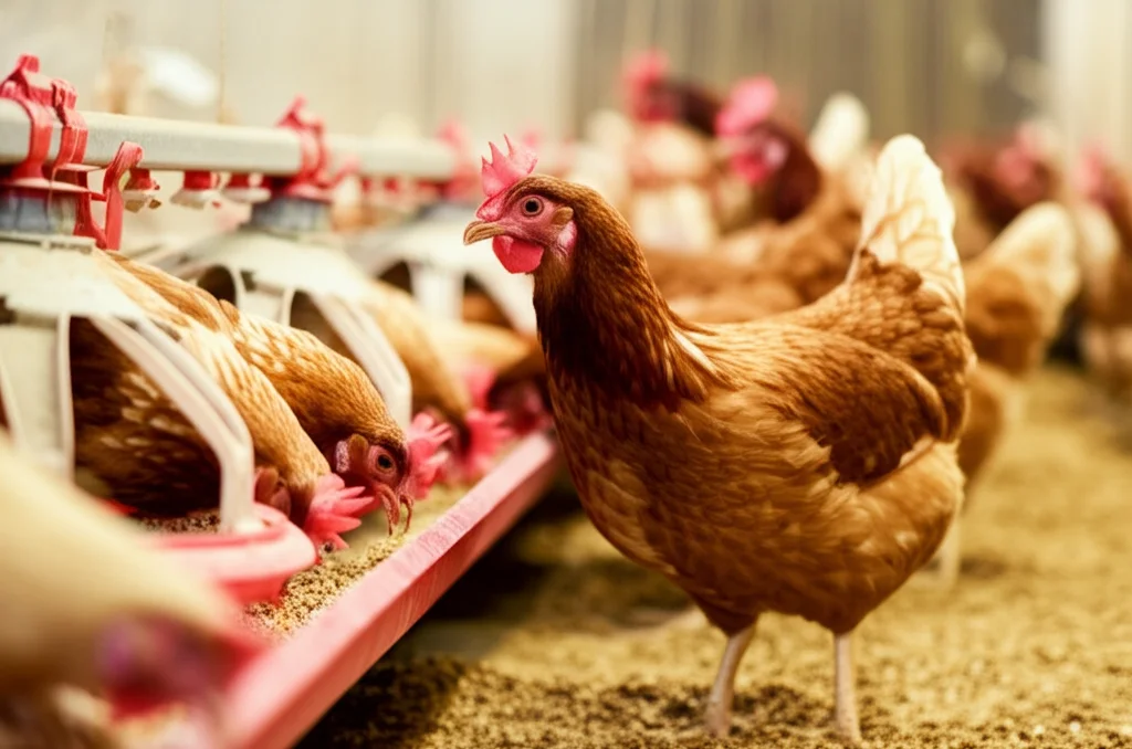 Fotografia di galline ovaiole Hy-Line Brown sane in un ambiente di allevamento pulito e luminoso, che mangiano da mangiatoie, obiettivo zoom 35mm, profondità di campo che mantiene a fuoco le galline in primo piano.