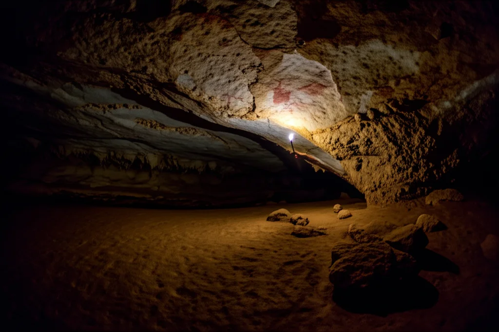 Fotografia di pitture rupestri illuminate dalla luce tremolante di una torcia in una caverna buia, stile documentaristico, obiettivo grandangolare 20mm per catturare l'ambiente, lunga esposizione per la scarsa luce.