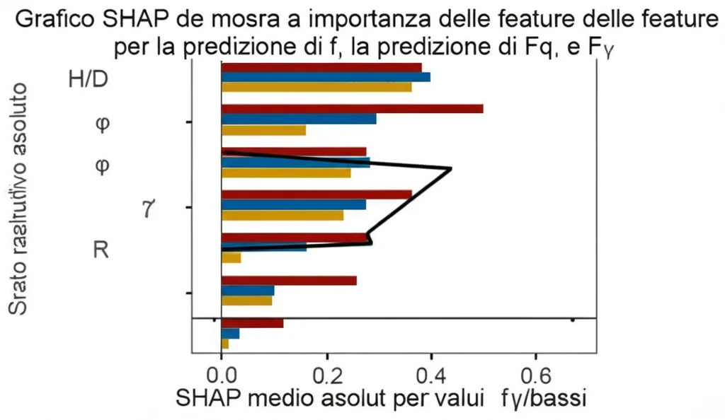 Grafico SHAP che mostra l'importanza delle feature (H/D, φ, R) per la predizione di Fc, Fq, e Fγ. Barre orizzontali rappresentano il valore SHAP medio assoluto per ogni feature, indicando l'impatto complessivo. H/D e φ hanno barre lunghe, mentre R ha una barra quasi inesistente. Colori diversi potrebbero indicare l'impatto positivo/negativo per valori alti/bassi della feature.