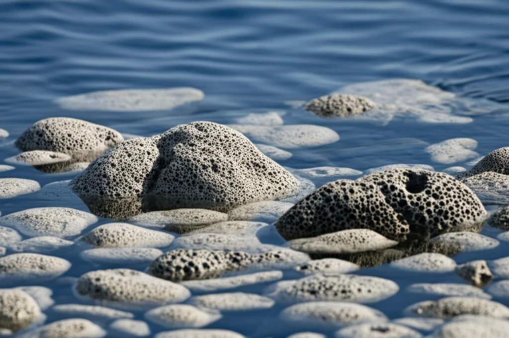Fotografia macro, obiettivo 90mm, di pezzi di pomice galleggianti sulla superficie dell'acqua vicino a una costa rocciosa vulcanica. Dettaglio elevato sulla texture porosa della pomice, illuminazione controllata per enfatizzare le ombre e i dettagli, messa a fuoco precisa sui pezzi di pomice in primo piano, sfondo leggermente sfocato.