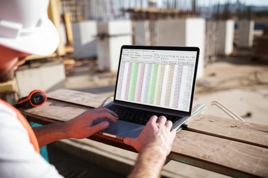 Ingegnere civile in cantiere che utilizza un laptop con un foglio di calcolo aperto. Sullo schermo si intravedono grafici e celle con numeri, rappresentanti il calcolo della capacità di sollevamento di un'ancora usando le formule derivate dalle KAN. Sullo sfondo, si vede una struttura in costruzione con elementi di fondazione. Prime lens, 35mm, depth of field, luce naturale.