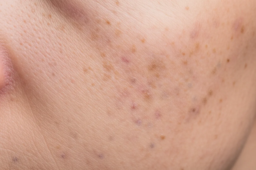 Primo piano di diverse texture di pelle con macchie di iperpigmentazione visibili, illuminazione da studio controllata, lente macro 90mm, alta definizione dei pori e delle macchie.